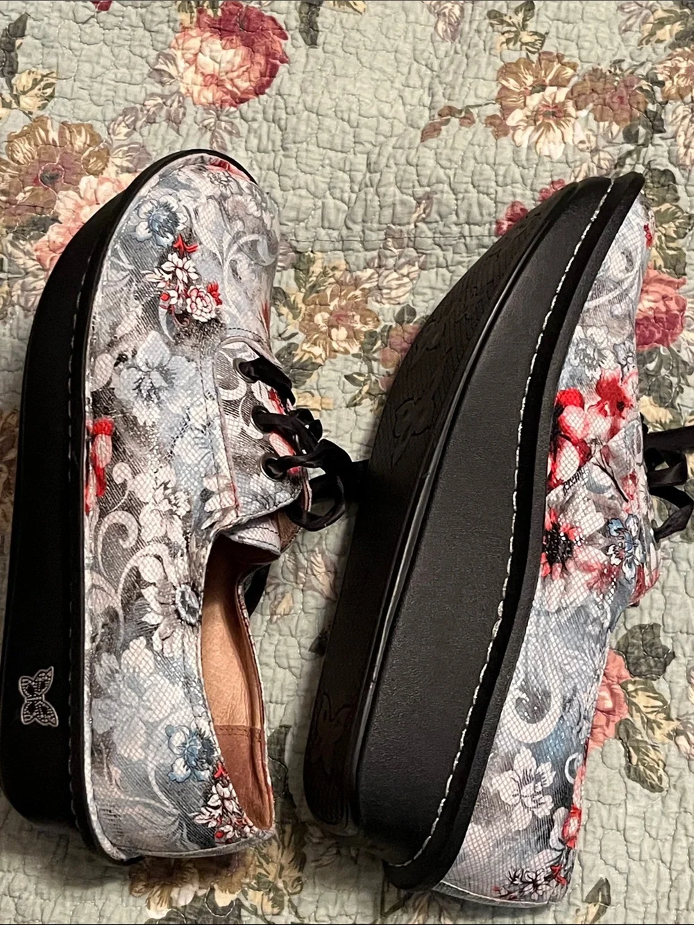 Alegria Floral Lace-Up Oxfords in white with Red & Blue floral Details
